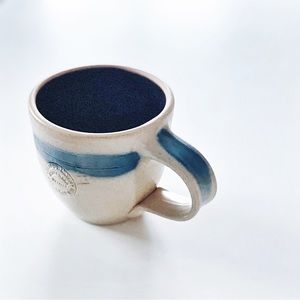 90s clay mug with handle - handmade studio pottery - cream blue